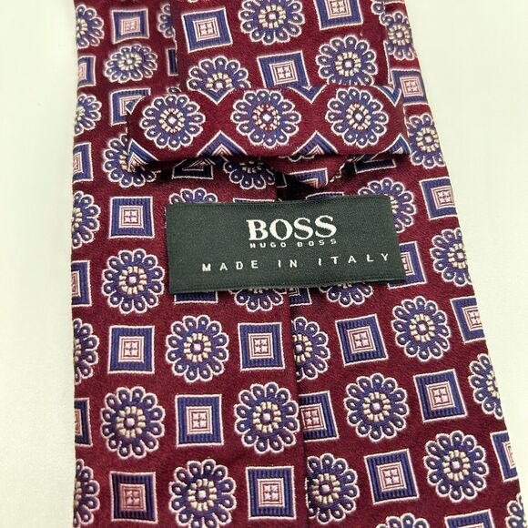 Boss Hugo Boss Wine Red with Pink Blue Floral Geo Print Foulard Print Long Tie - Picture 5 of 12